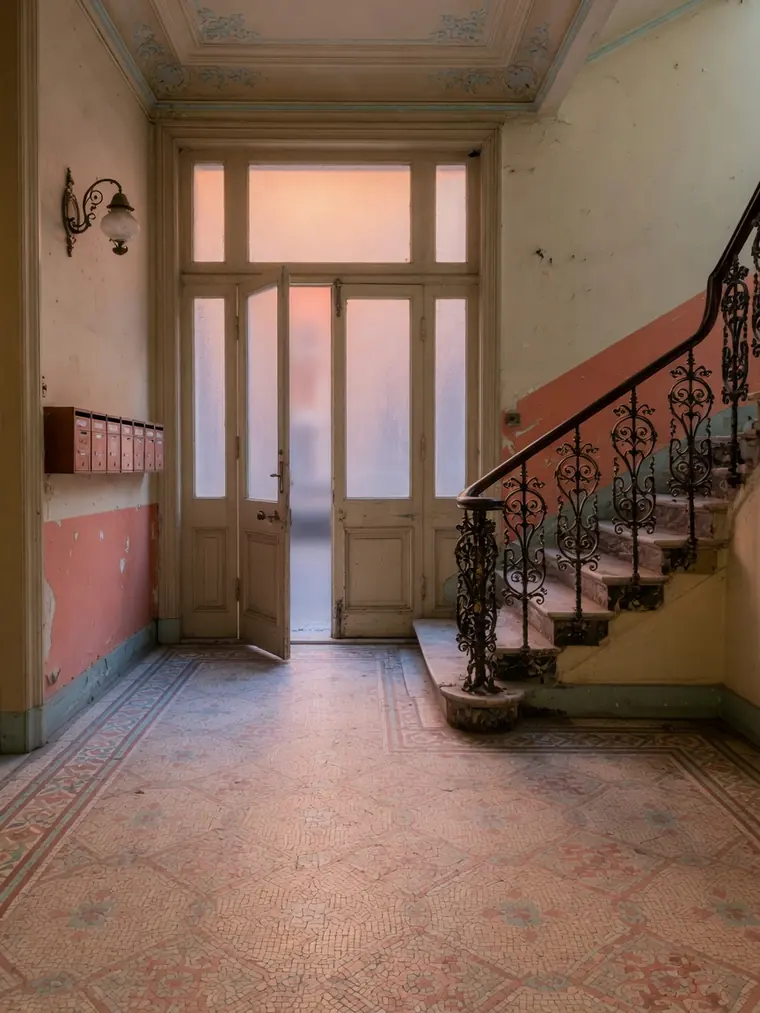 Beyoğlu’nda eski bir apartmanın ferforje merdivenli ve mozaik zeminli giriş holü