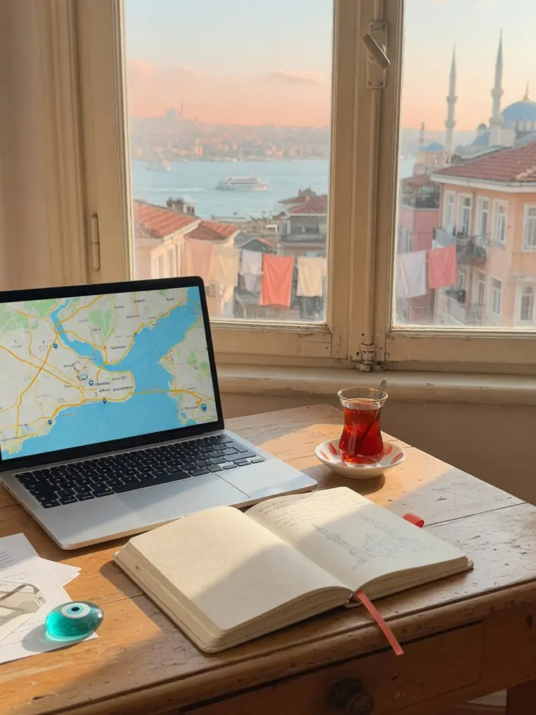 Masada İstanbul haritası açık bir dizüstü bilgisayar, çay bardağı ve defter, pencereden şehir manzarası