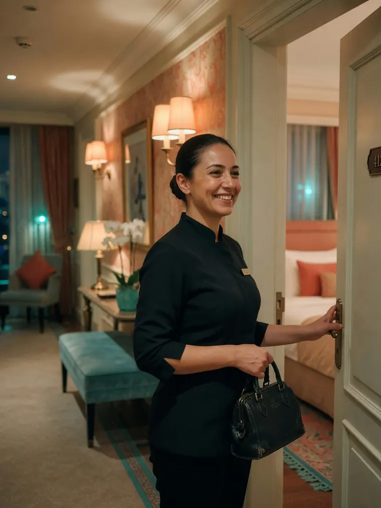 Otel koridorunda oda kapısında gülümseyen siyah üniformalı bayan masöz, İstanbul gecesi