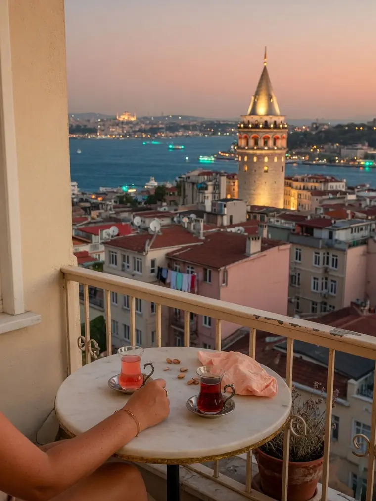 Bir apartman balkonundan Galata Kulesi ve Boğaz’a akşam manzarası, iki çay bardağı